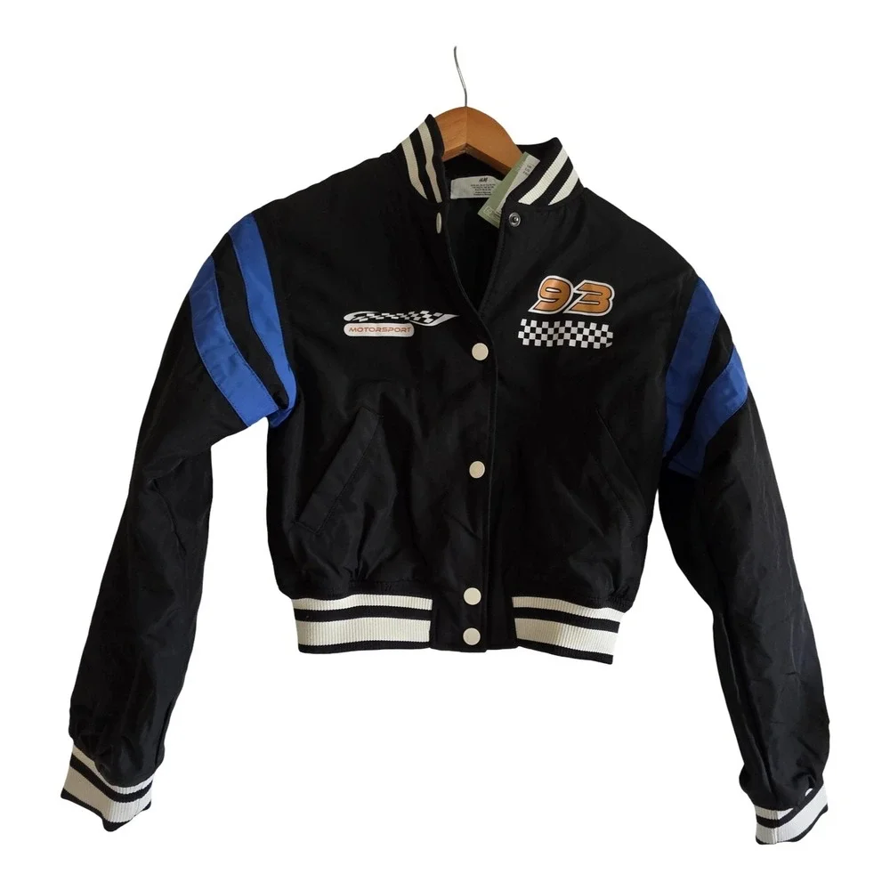 HM Kids Black Blue Racing Motorsport Varsity Bomber Jacket‎ Size 12 US Years